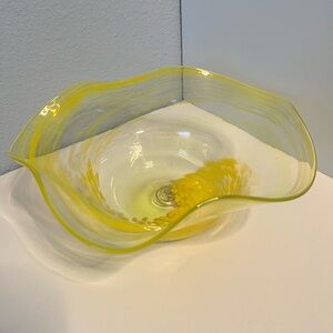 Art Glass Hand Blown Bowl Yellow & Clear Ruffled Edge with Gold Accents